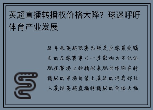 英超直播转播权价格大降？球迷呼吁体育产业发展