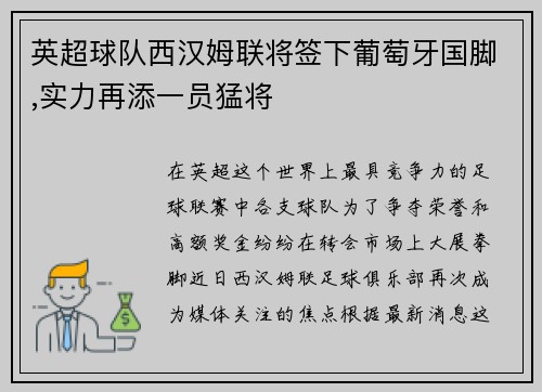 英超球队西汉姆联将签下葡萄牙国脚,实力再添一员猛将